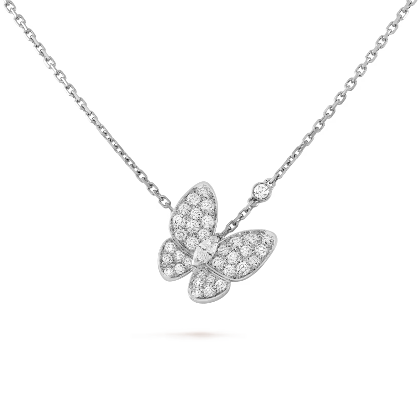 Double Butterfly Pendant Necklace, White Gold Tone, White