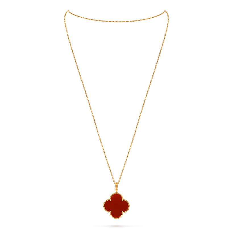 Quatrefoil Long Necklace, 1 Motifs, Yellow Gold Tone, Carnelian