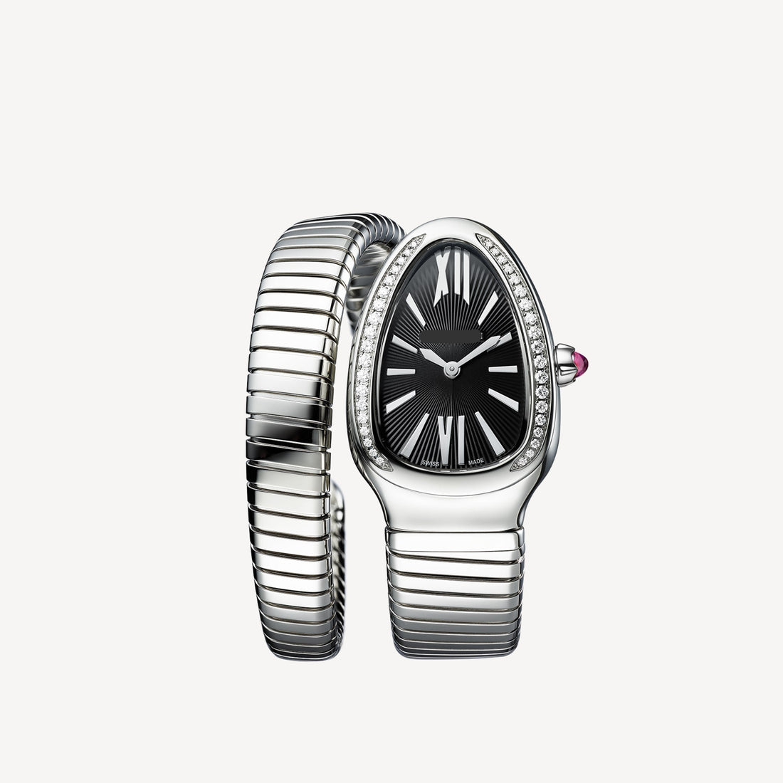Coiled Band Watch, White Gold Tone, Stone-Set, White, 35 mm