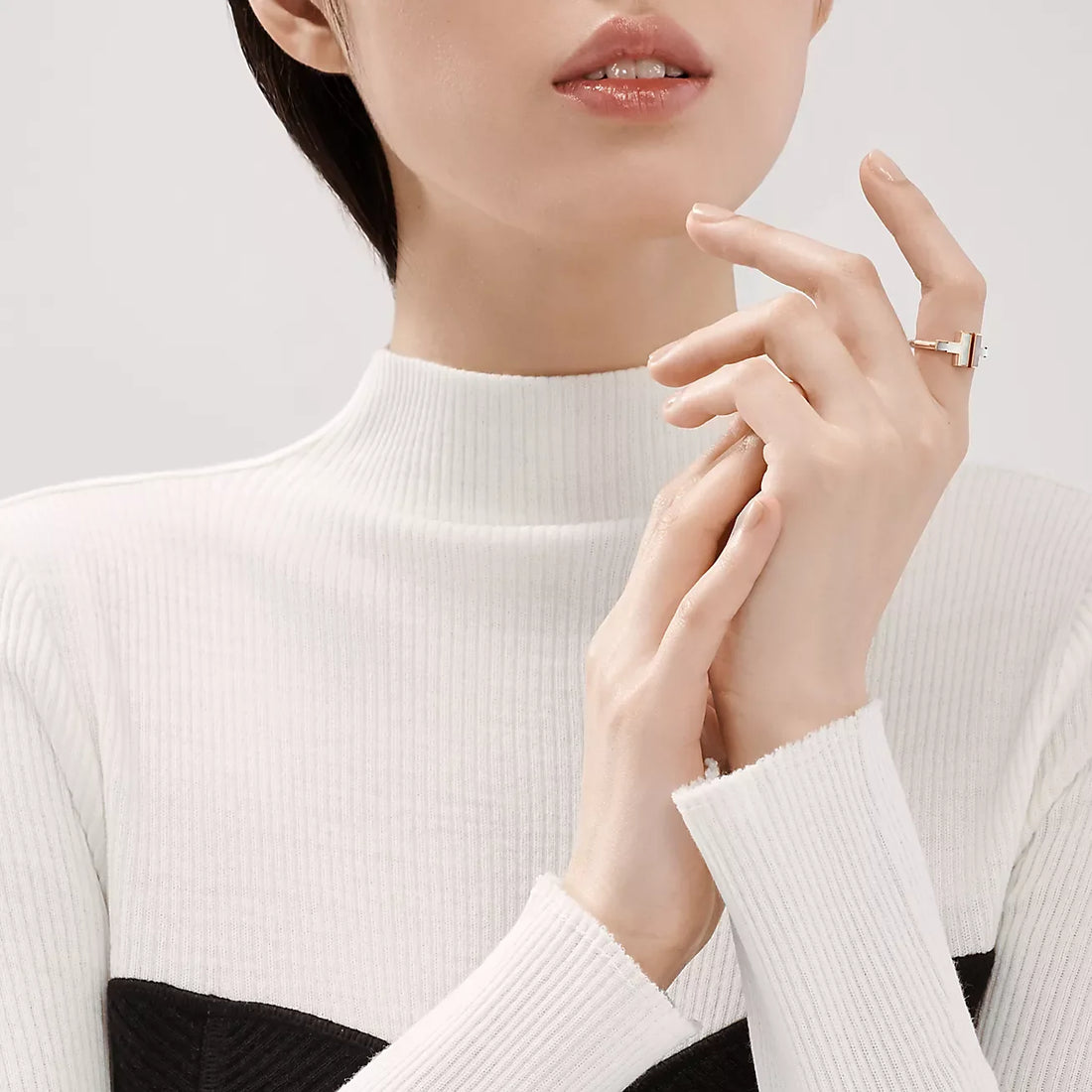T-Motif Ring, Stone-Set, Rose Gold Tone