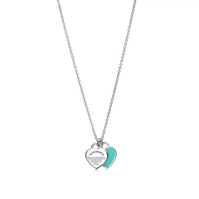 Double Heart Tag Pendant Necklace, Blue, Silver Tone