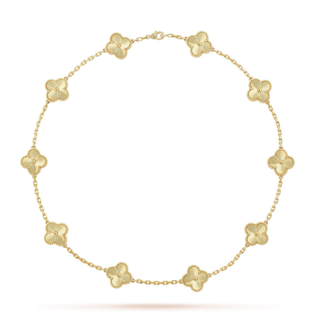 Quatrefoil Pendant Necklace, 10 Motifs, Yellow Gold Tone, Malachite