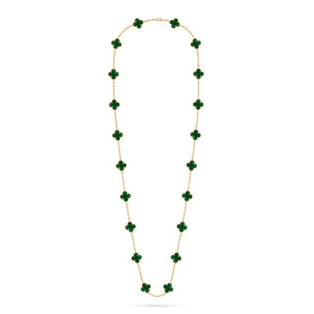 Quatrefoil Long Necklace, 20 Motifs, Rose Gold Tone, Malachite