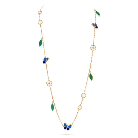 Butterfly Motif Necklace, 15 Motifs, Yellow Gold Tone, Agate