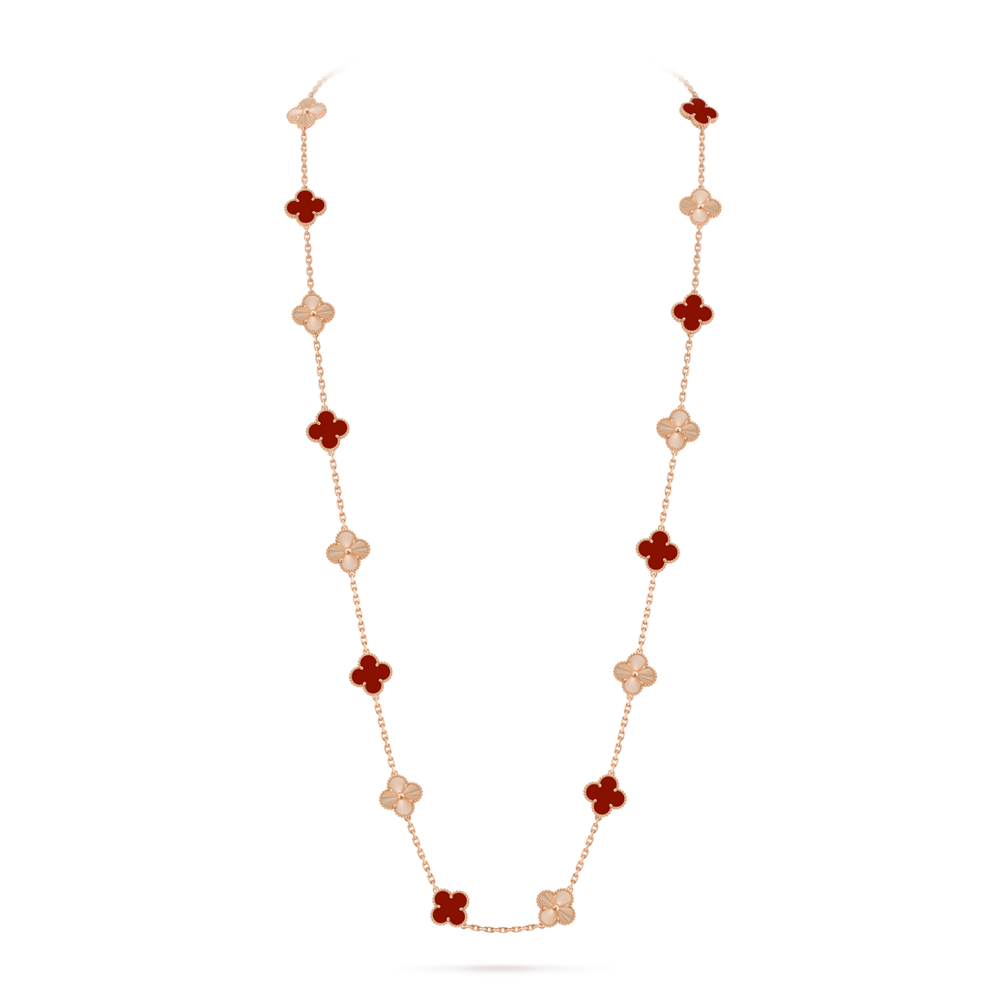 Quatrefoil Long Necklace, 20 Motifs, Rose Gold Tone, Malachite