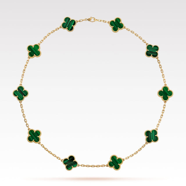 Quatrefoil Pendant Necklace, 10 Motifs, Yellow Gold Tone, Malachite