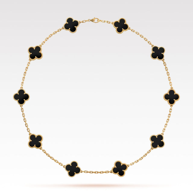 Quatrefoil Pendant Necklace, 10 Motifs, Yellow Gold Tone, Malachite
