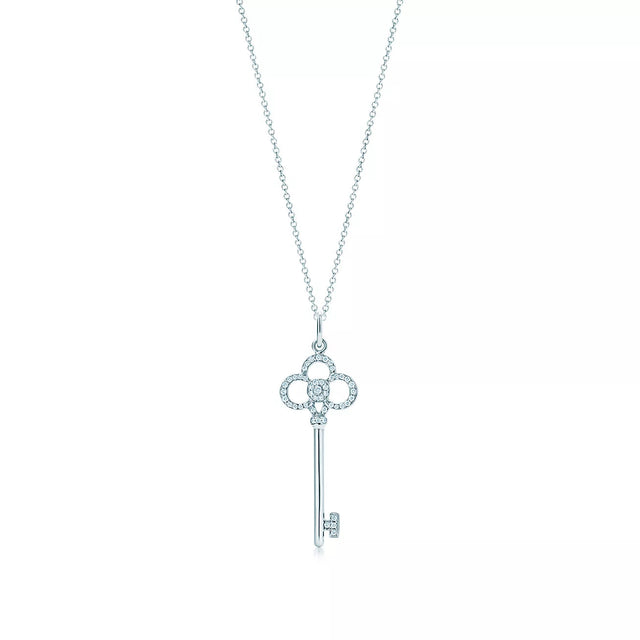 Key Pendant Necklace, White Gold Tone