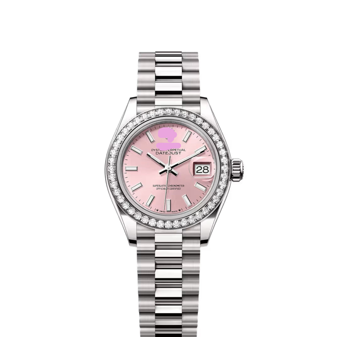 Classic Date Watch, White Gold Tone, Stone-Set, White, 28 mm