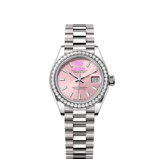 Classic Date Watch, White Gold Tone, Stone-Set, White, 28 mm